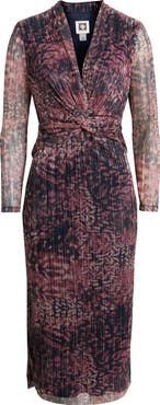 Anne Klein Floral Metallic Stripe Long Sleeve Midi Dress