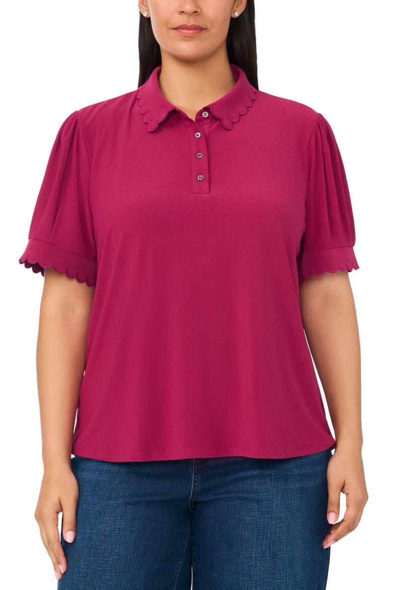 Scallop Trim Puff Sleeve Polo, Main, color, VIVID PLUM