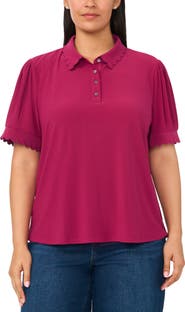 CeCe Scallop Trim Puff Sleeve Polo