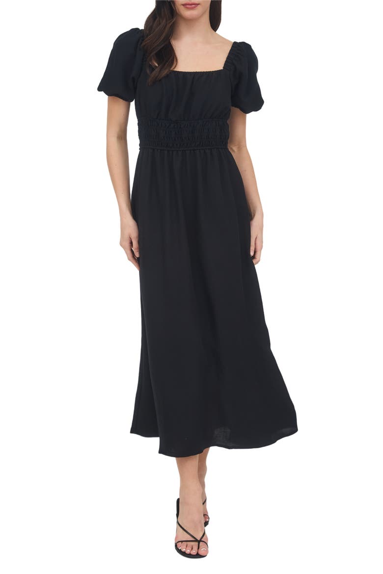Puff Sleeve Midi Dress, Alternate, color, BLACK