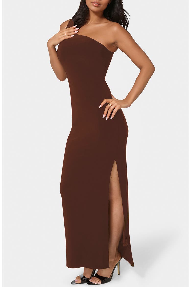 One-Shoulder Slit Maxi Dress, Alternate, color, CHOCOLATE