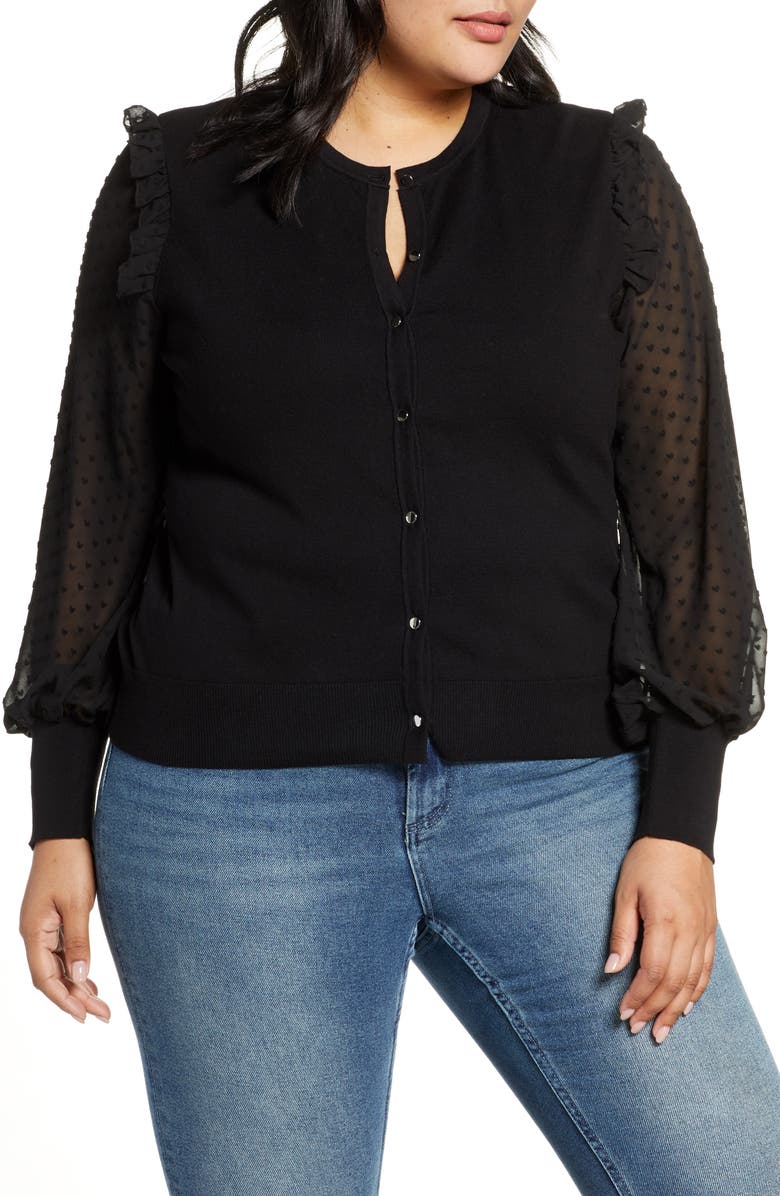 CeCe Clip Dot Ruffle Cardigan, Main, color, 