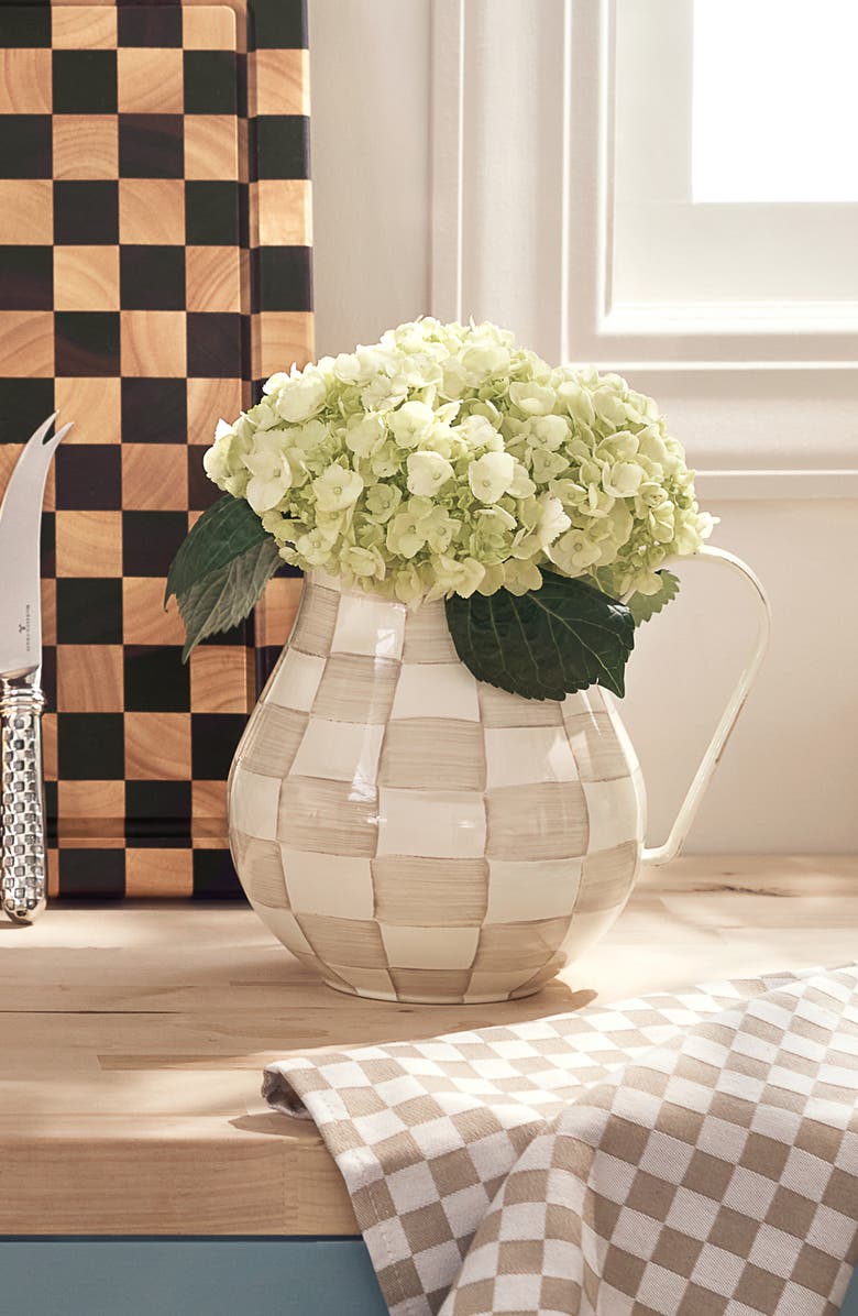 MACKENZIE CHILDS Mocha Check Enameled Steel 3-Quart Pitcher, Alternate, color, Mocha