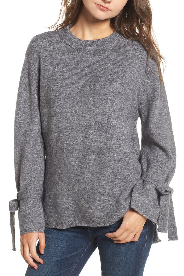Flared Tie Sleeve Sweater, Main, color, HEATHER GREY