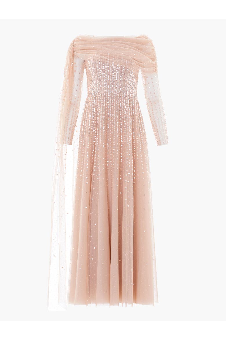 Moonlight Sequin Draped Long Sleeve Gown, Alternate, color, Biscuit