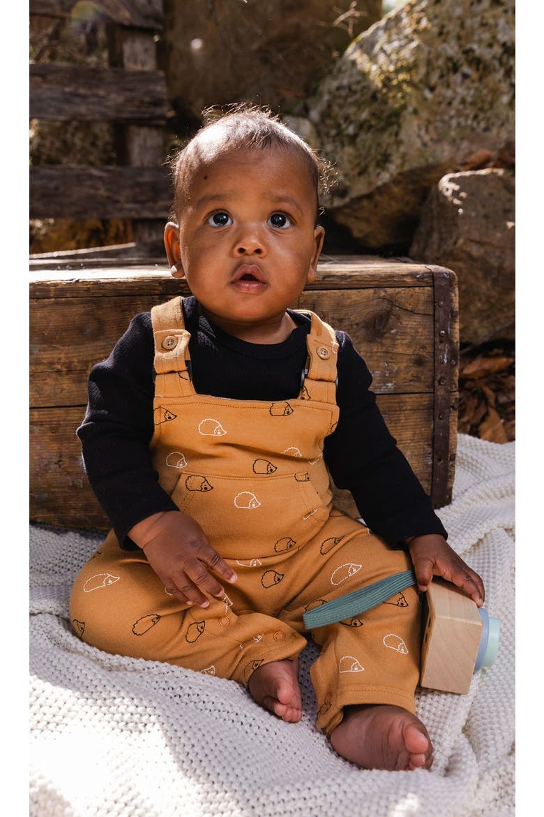 Organic Cotton Envelope Neck Romper and Hedgehog Pocket Overalls Set, Alternate, color, Black and Brown