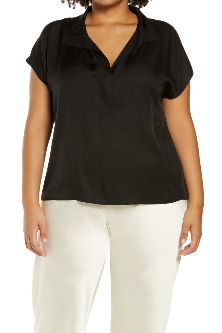 Stand Collar Silk Blend Shirt, Main, color, BLACK