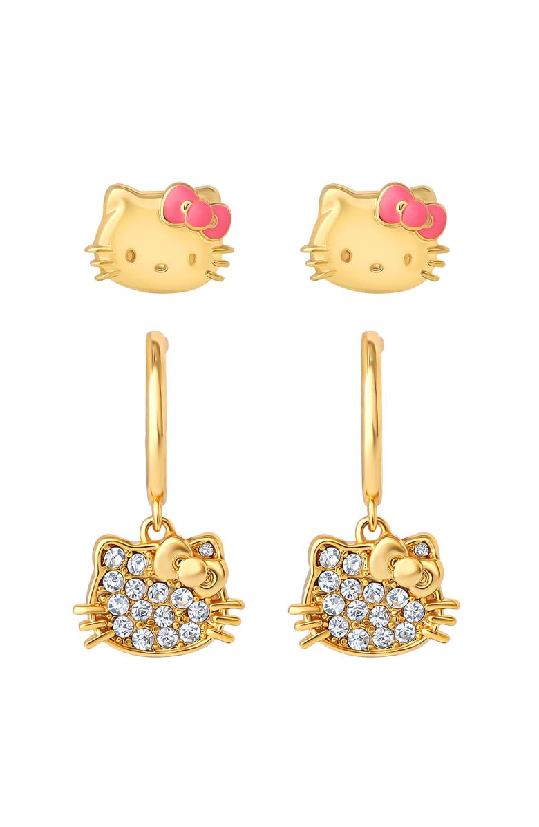Hello Kitty Earring Set, 2-Pair, Gold-Tone Studs & Pavé Dangle Hoops, Alternate, color, Gold Tone