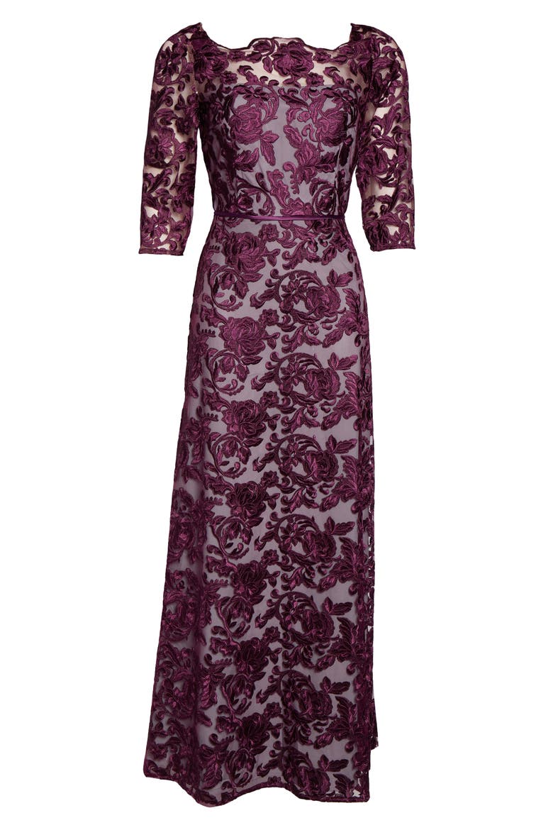 Scallop Neck Embroidered Lace Gown, Alternate, color, PURPLE WINE