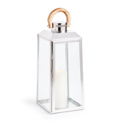 19" Oceanside Large Decorative Outdoor Chrome Finish Pillar Candle Lantern w/ Teakwood Handle