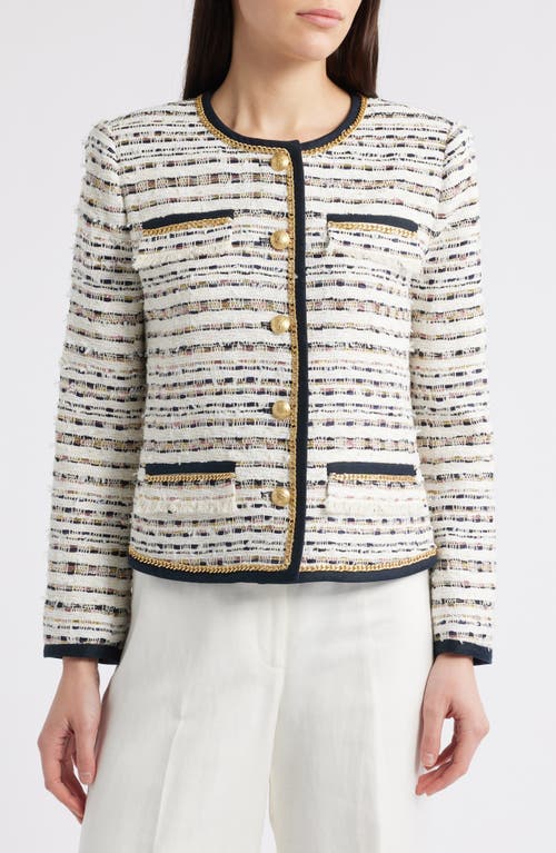 Kobi Halperin Kiera Chain-trim Fringed Tweed Jacket In Ivory/navy Multi