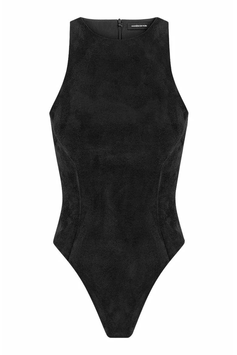 Adele Suede Racer Neck Bodysuit, Alternate, color, Black