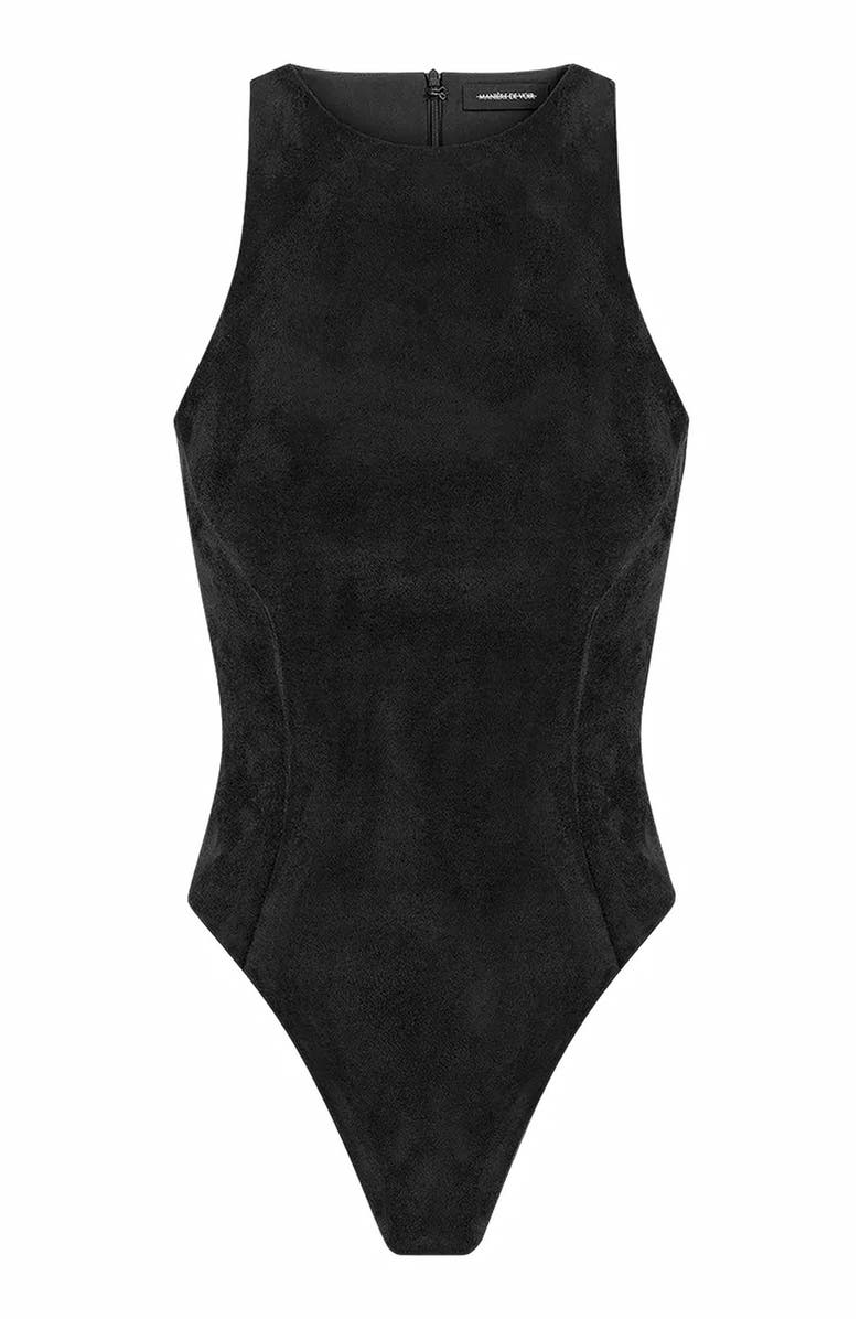 Manière De Voir Adele Suede Racer Neck Bodysuit, Alternate, color,