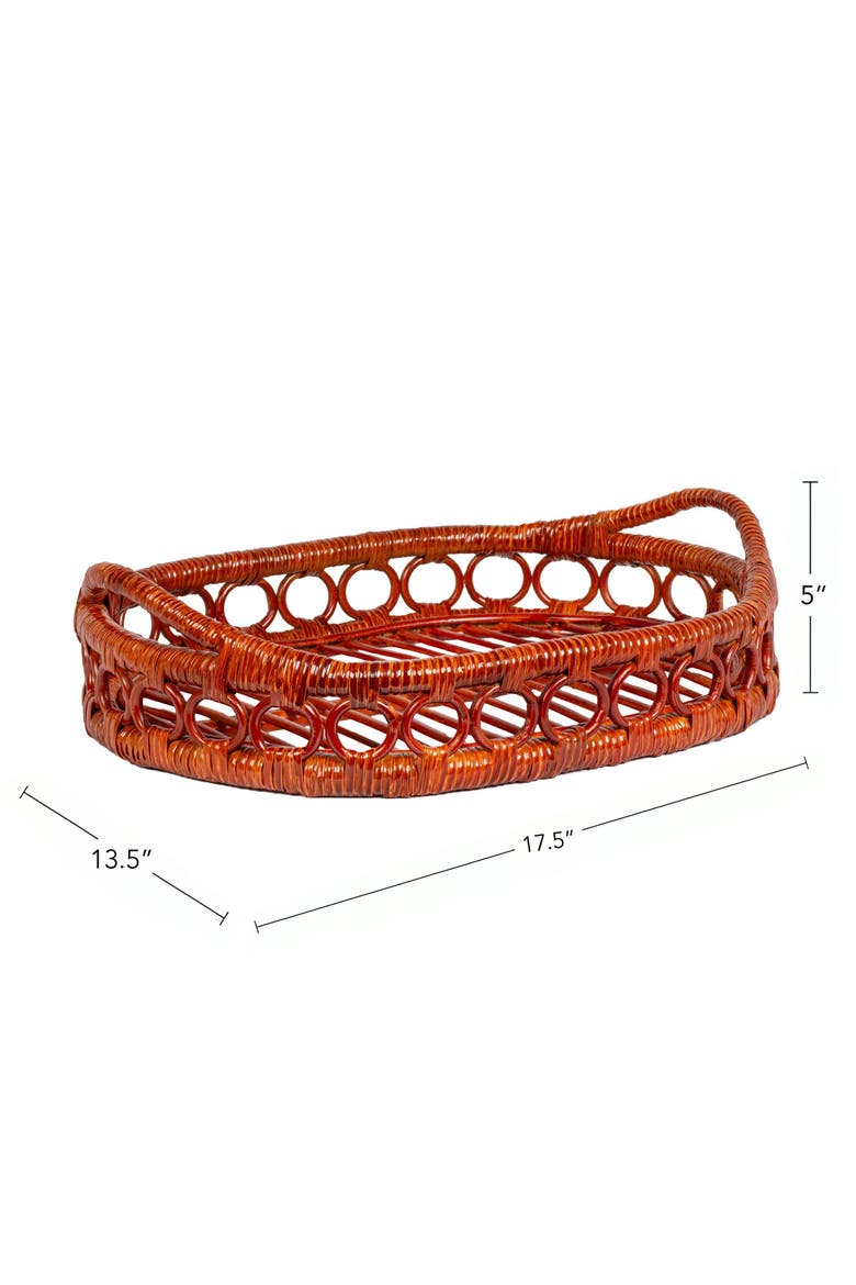 Cassini Handcrafted Rattan Oval Geometric Loop Ring Decorative Serving Tray with Handles and Slat Base, Alternate, color, Auburn