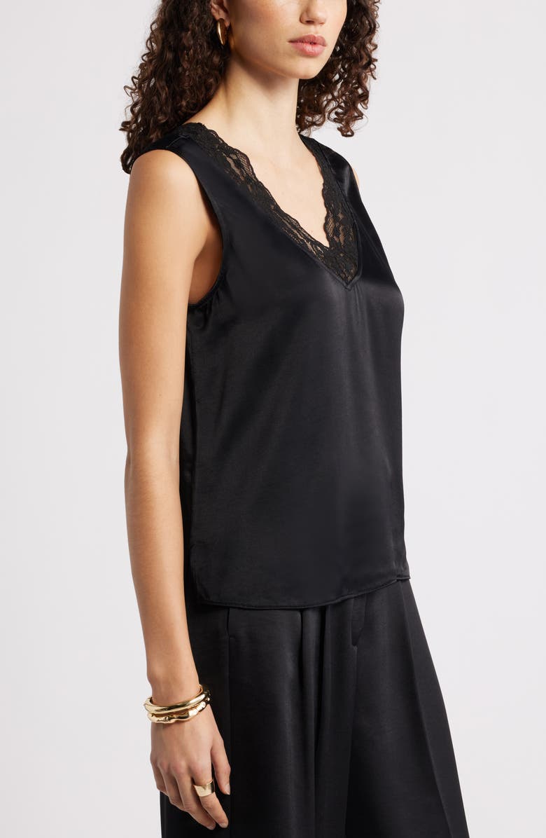 Nordstrom Lace Trim Satin Tank, Alternate, color, Black