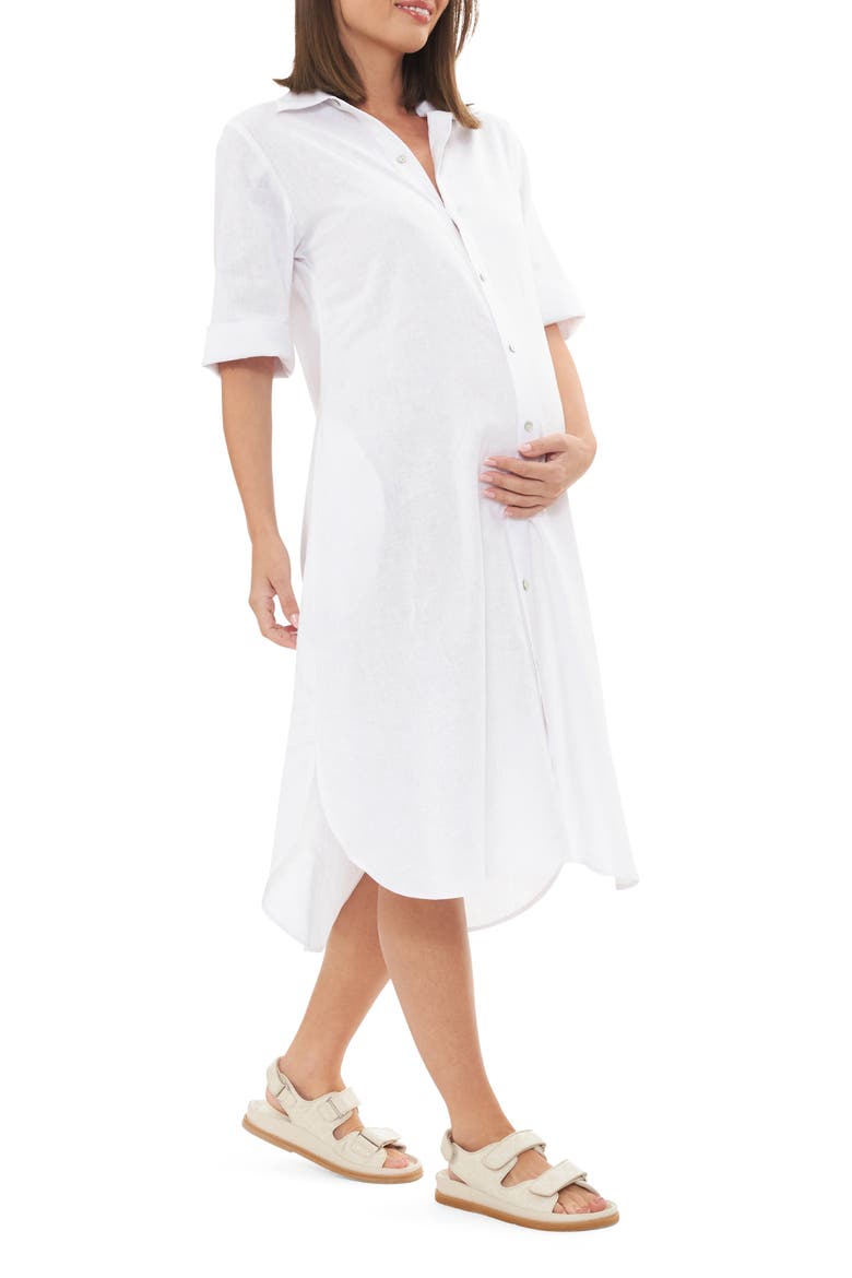 Joyce Belted Linen Blend Midi Maternity Shirtdress, Alternate, color, WHITE