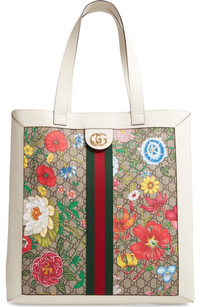 Gucci Large Ophidia Floral GG Supreme Canvas & Leather Tote, Main, color,