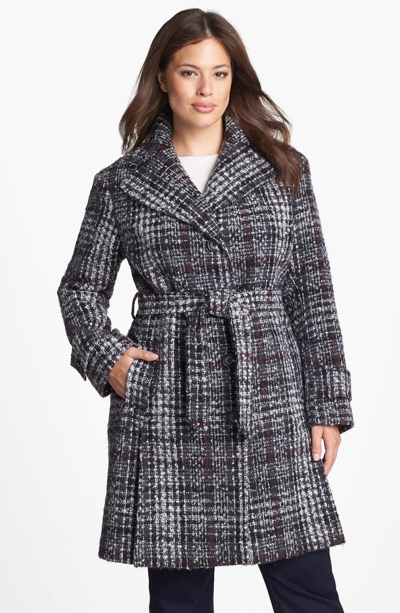 DKNY Belted Plaid Tweed Coat, Main, color, 