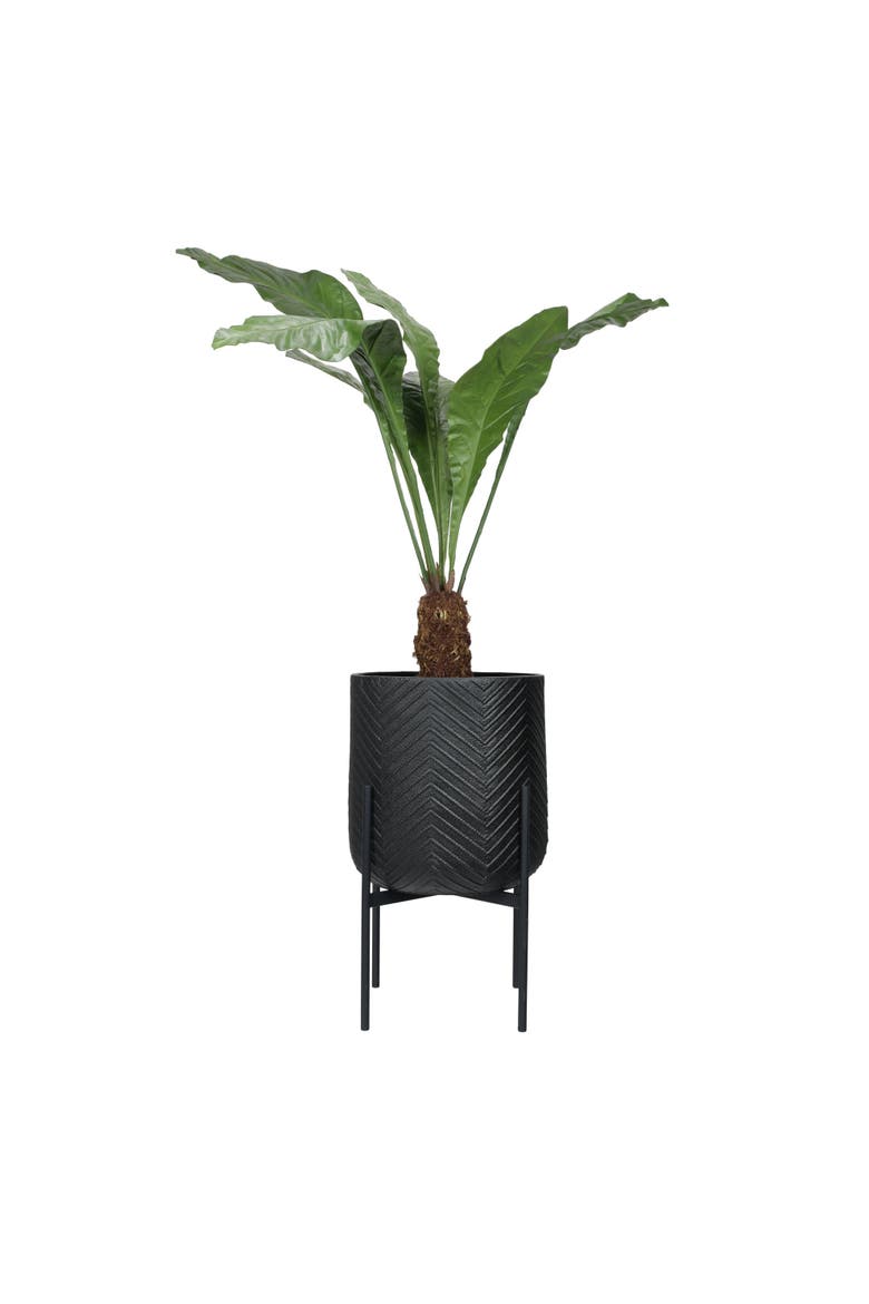Round Metal Planter with Chevron Pattern on Stand, Black, Alternate, color, Black