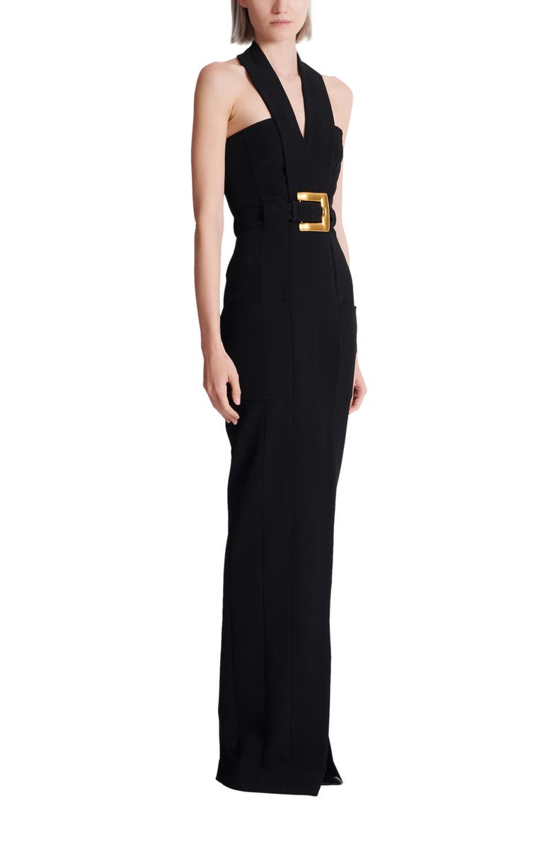 Balmain Long crepe dress with belt, Main, color, Black