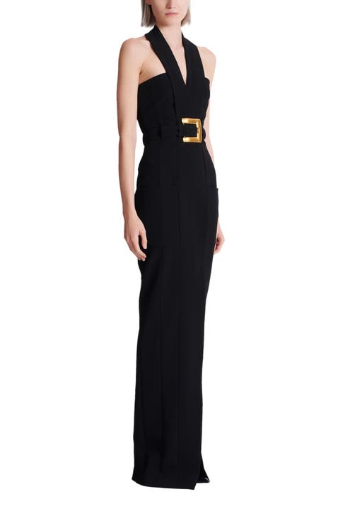 Long crepe dress with belt