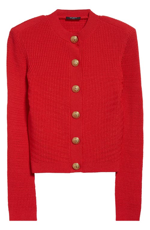 Balmain Button Detail Rib Cardigan In Bright Red