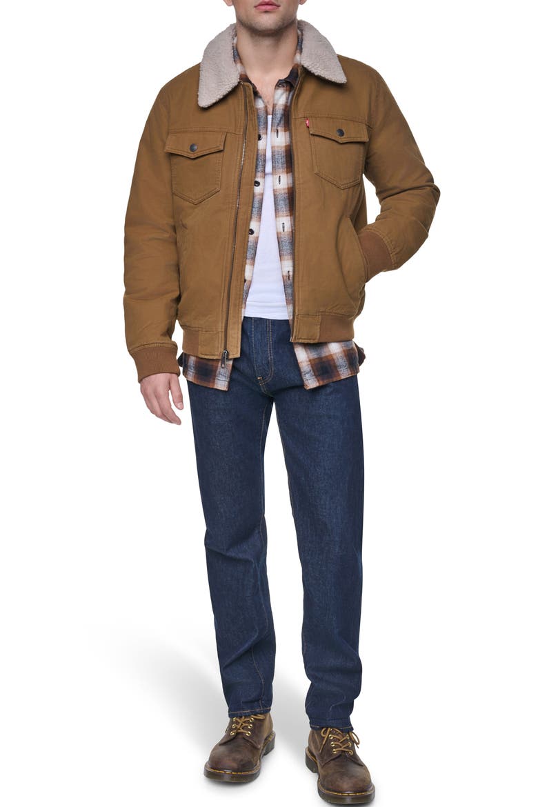 Cotton Aviator Bomber Jacket with Faux Shearling Collar, Alternate, color, BROWN