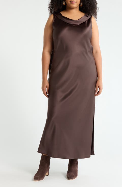 Cowl Neck Satin Maxi Dress (Plus)