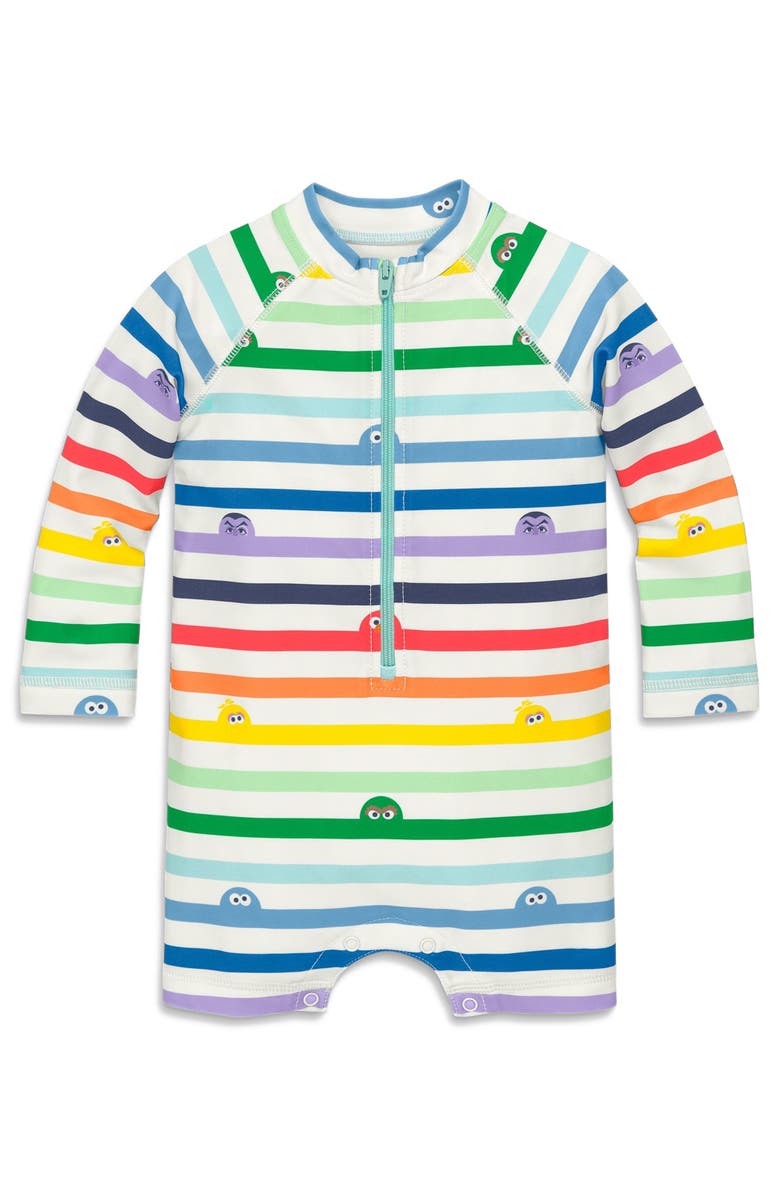 Primary Baby Sesame Street One-Piece Rash Guard, Main, color, White Sesame Street Stripes
