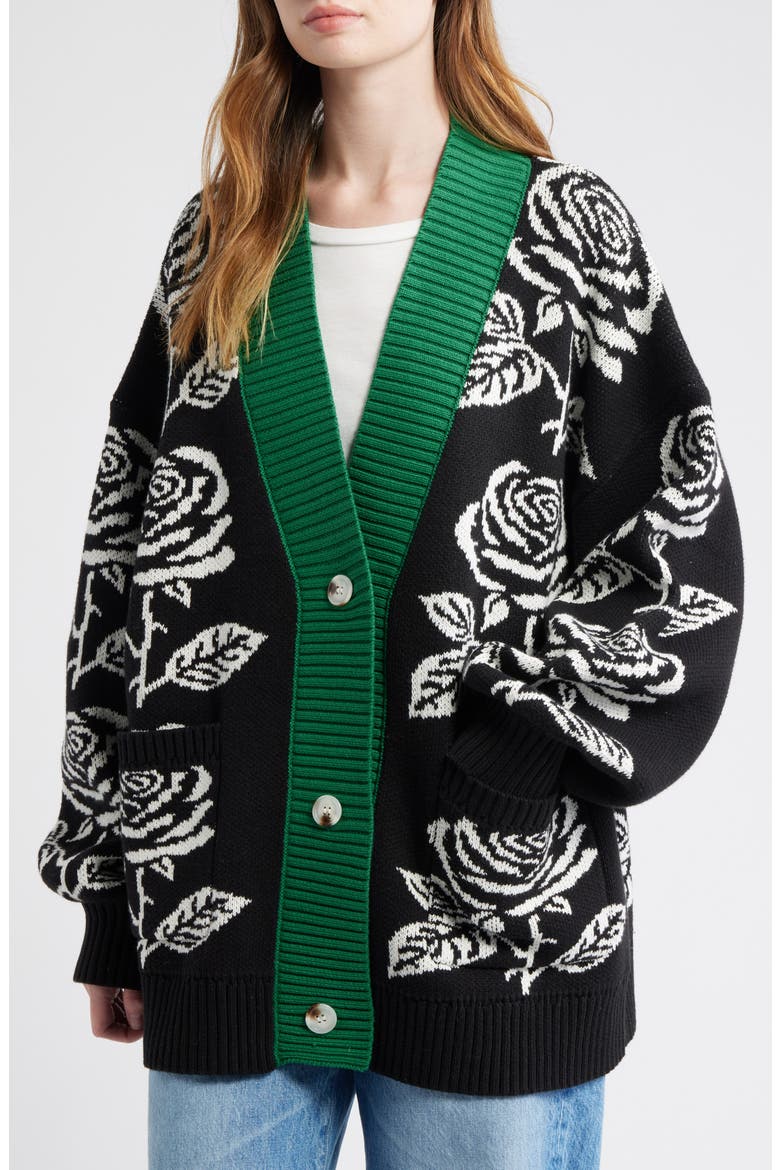 Rose Oversize Cotton Blend Cardigan, Alternate, color, BLACK