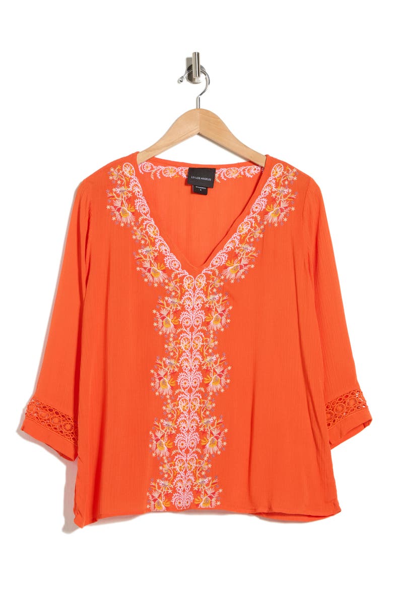 Embroidered V-Neck Top, Alternate, color, CORAL/ TIGERLILY