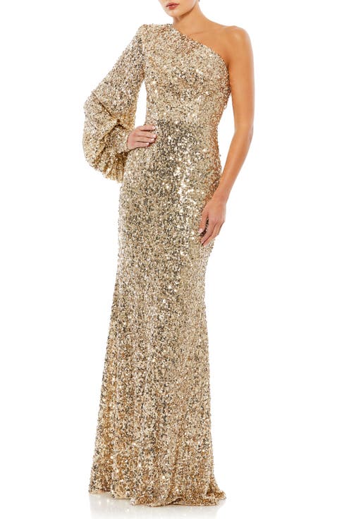 Sequined One Shoulder Bishop Sleeve Trumpet Gown