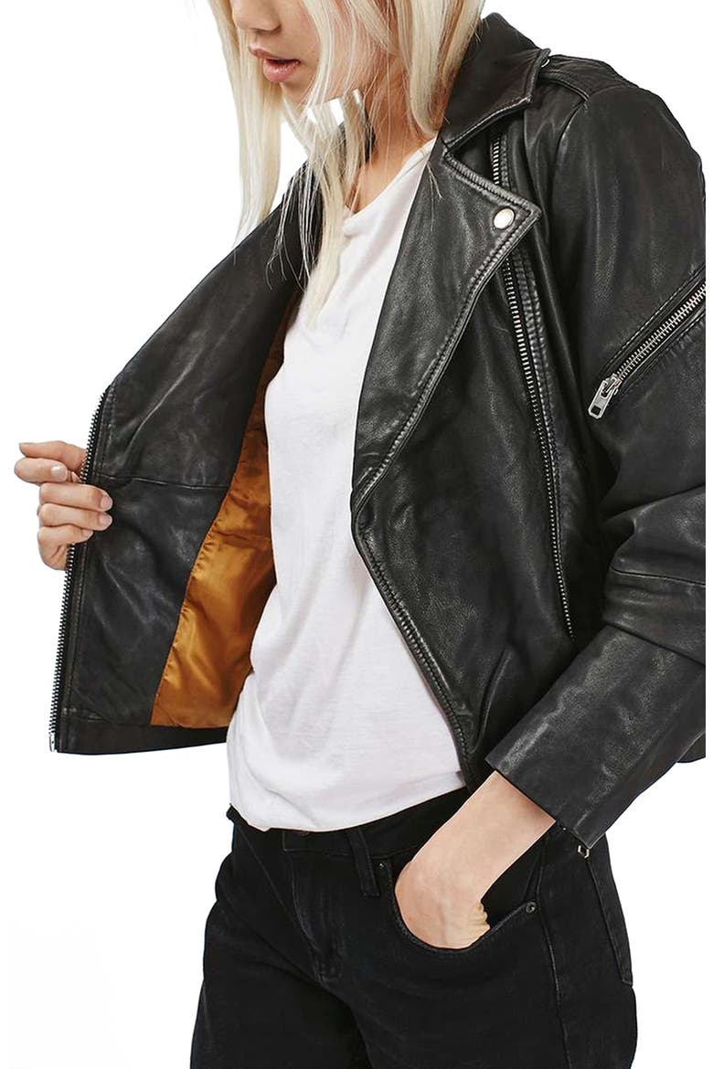 Lightning Leather Biker Jacket, Main, color, BLACK