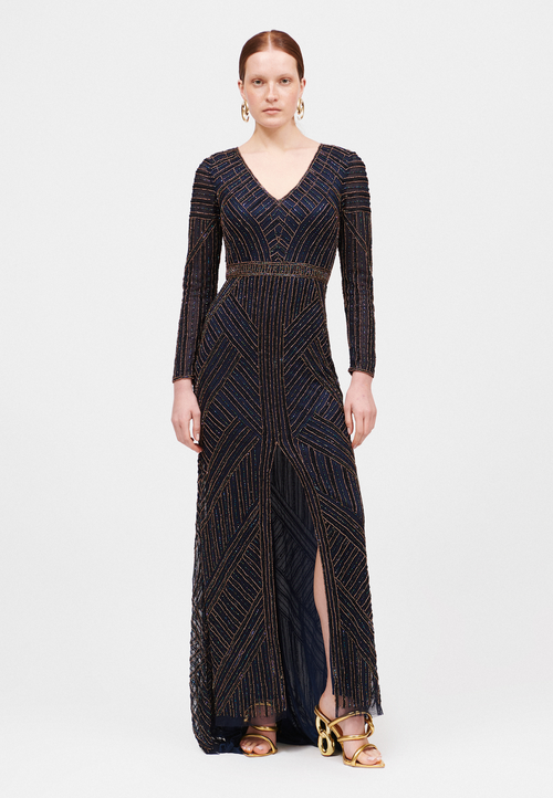 Shop Beauut Occasion Embellished Sequin Beaded V Neck With Long Sleeves Evening Maxi Dress In Navy