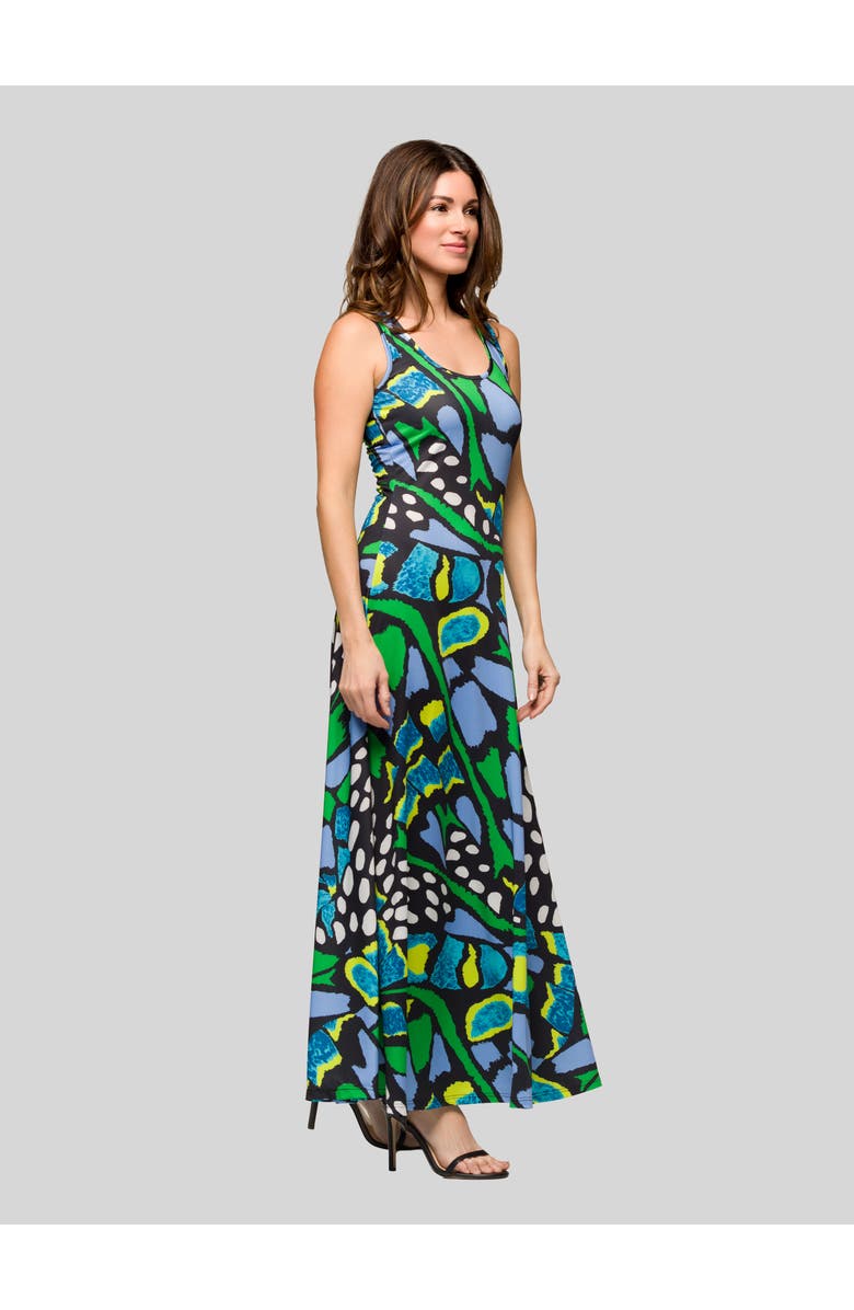 24seven Comfort Apparel Blue Butterfly Print Scoop Neck A-Line Sleeveless Maxi Dress, Alternate, color, Green Multi