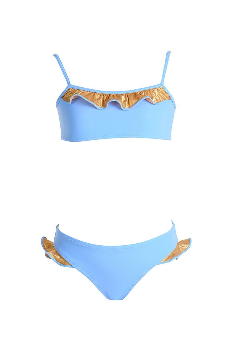 NESSI BYRD Ruffled with Shimmering Bronz Foil Accents Two-Piece Bikini, Main, color, Blue