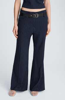 Belted Pinstripe Flare Leg Pants