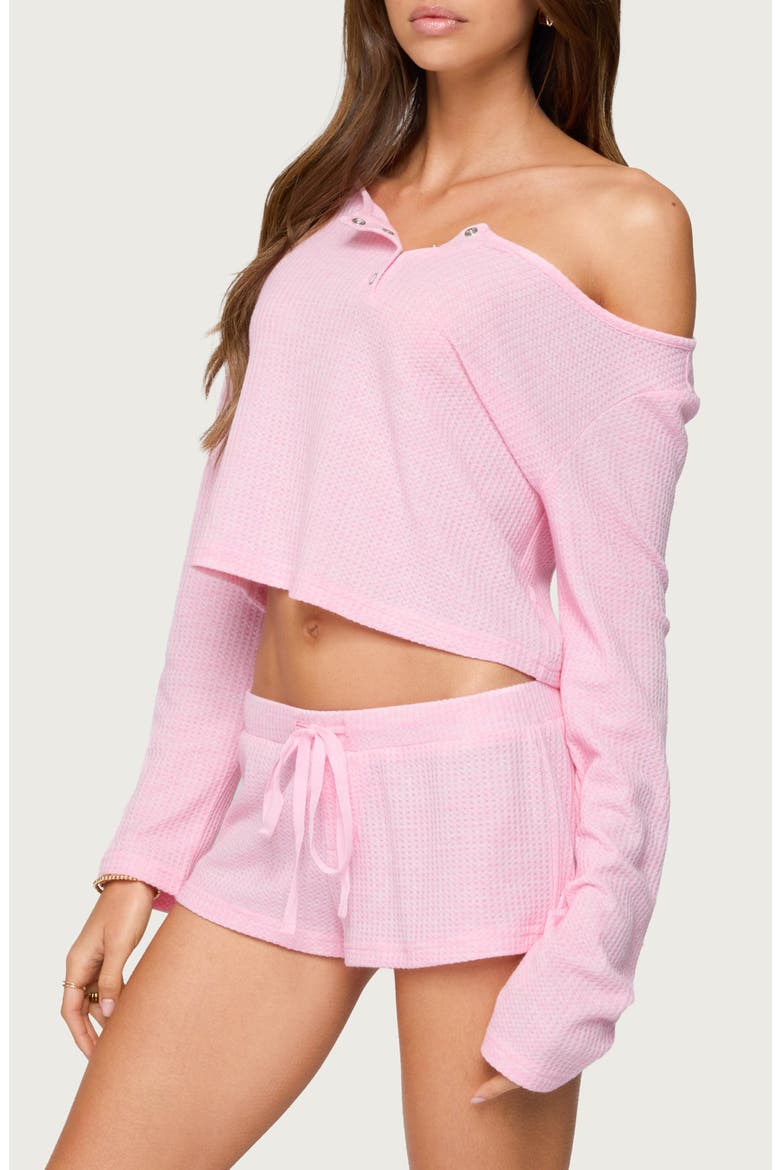 Teddy Off the Shoulder Waffle Knit Crop Top, Alternate, color, LIGHT-PINK