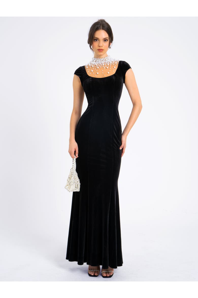 Rachael Velvet Pearl Embellished Gown, Alternate, color, Black
