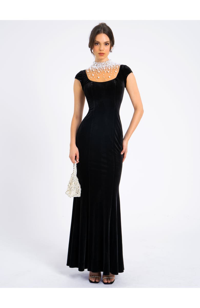 Miss Circle Rachael Velvet Pearl Embellished Gown, Alternate, color, Black