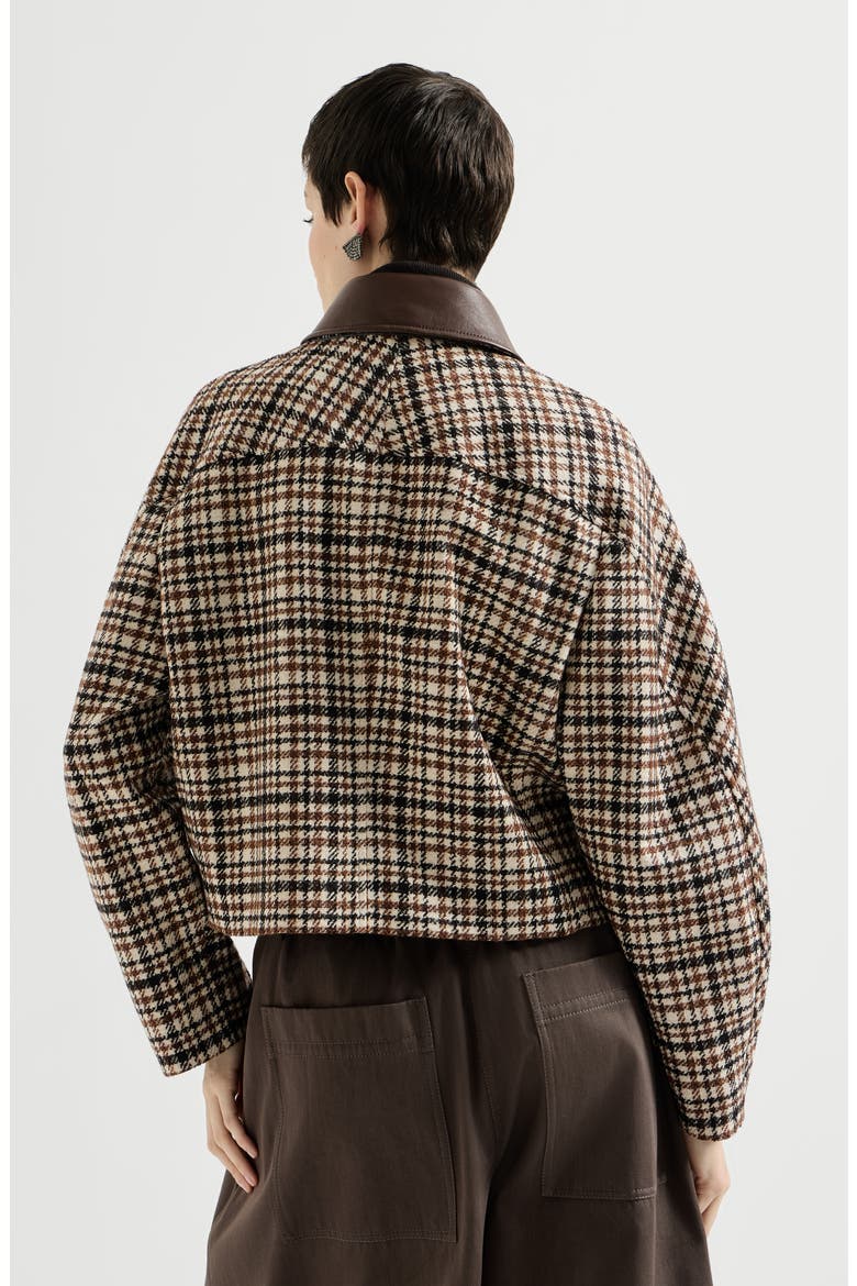 Comfort checked wool and alpaca outerwear jacket with leather collar and monili, Alternate, color, Brown