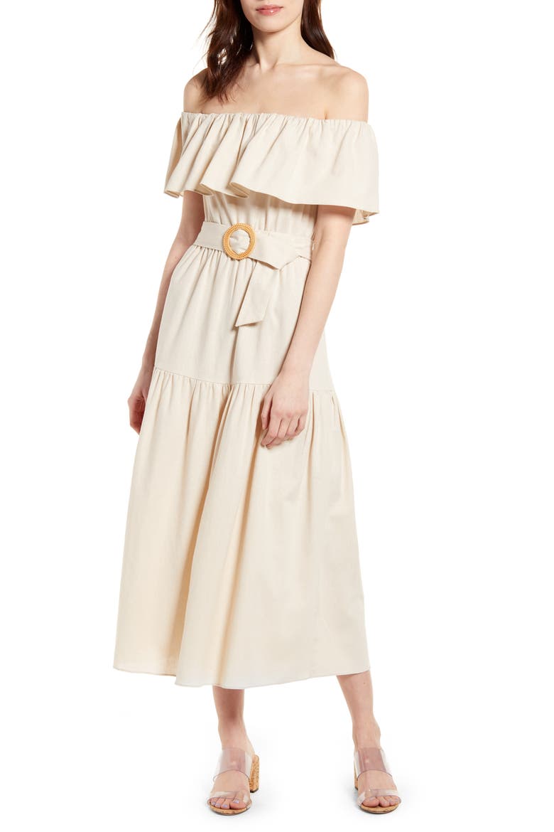 Belted Off the Shoulder Midi Dress, Main, color, BEIGE