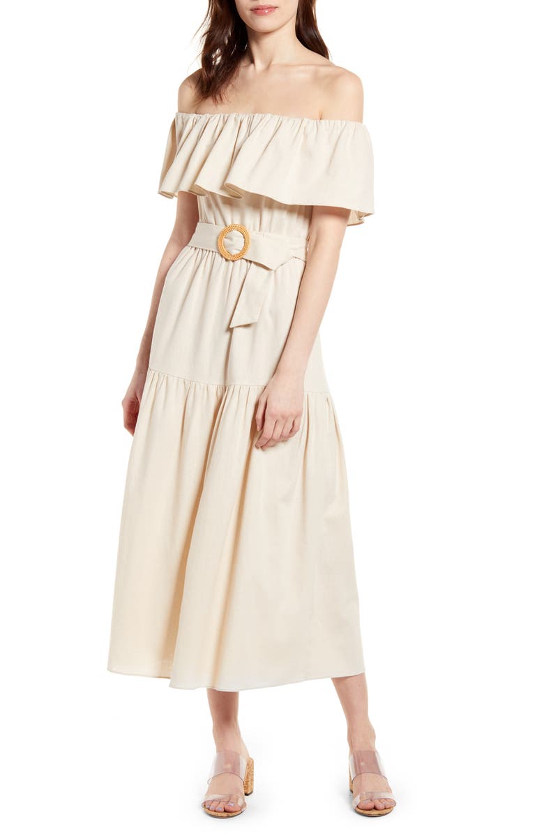 All in Favor Belted Off the Shoulder Midi Dress, Main, color,