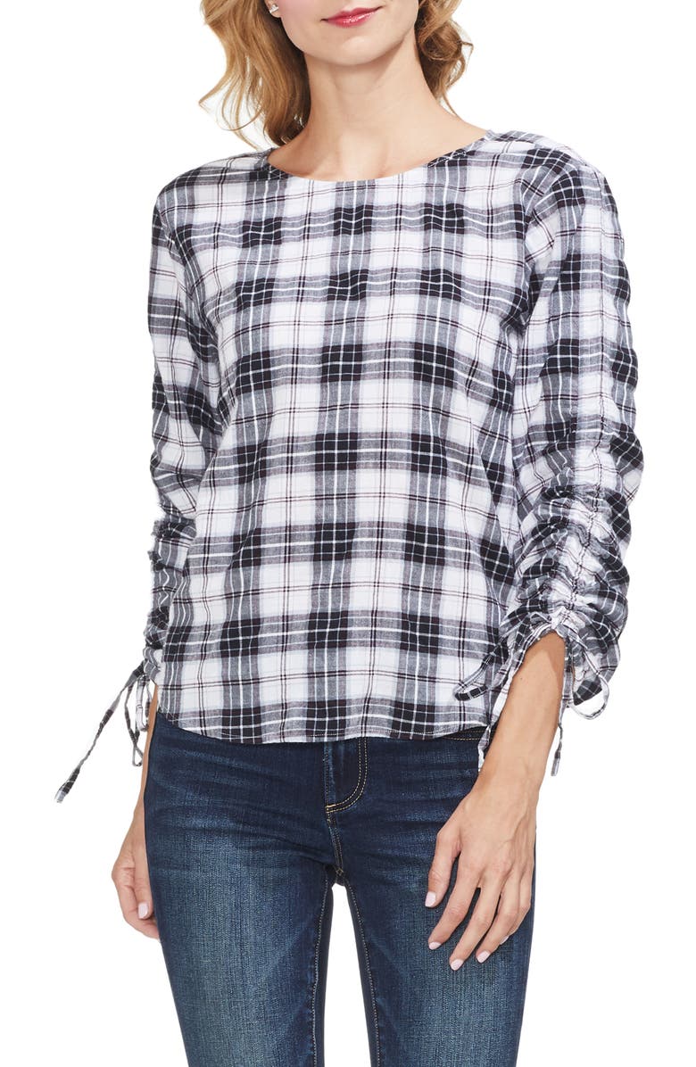 Vince Camuto Ruched Long Sleeve Tartan Plaid Blouse, Main, color, 