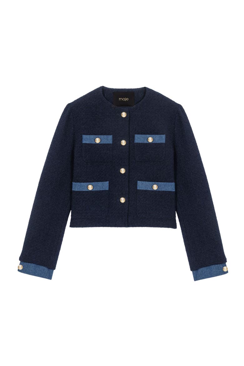 Tweed jacket with denim trim, Alternate, color, Navy
