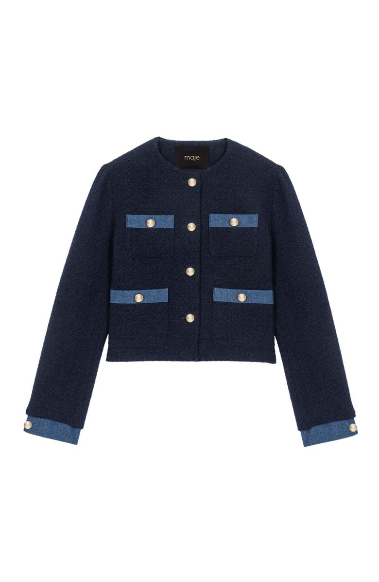 maje Tweed jacket with denim trim, Alternate, color, Navy