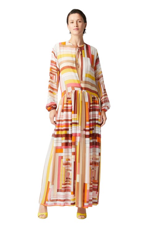 Long Cover-up Dress In Printed Silk With Long Sleeves