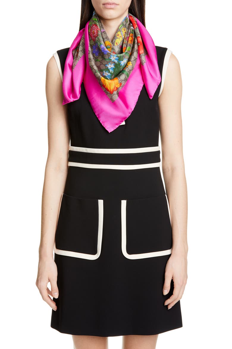 GG Flora Print Silk Twill Scarf, Alternate, color, BEIGE/ PINK