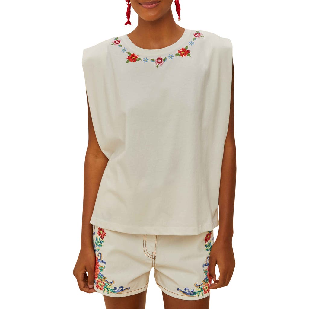 Farm Rio Off-white Cross Stitch Flowers Organic Cotton T-shirt