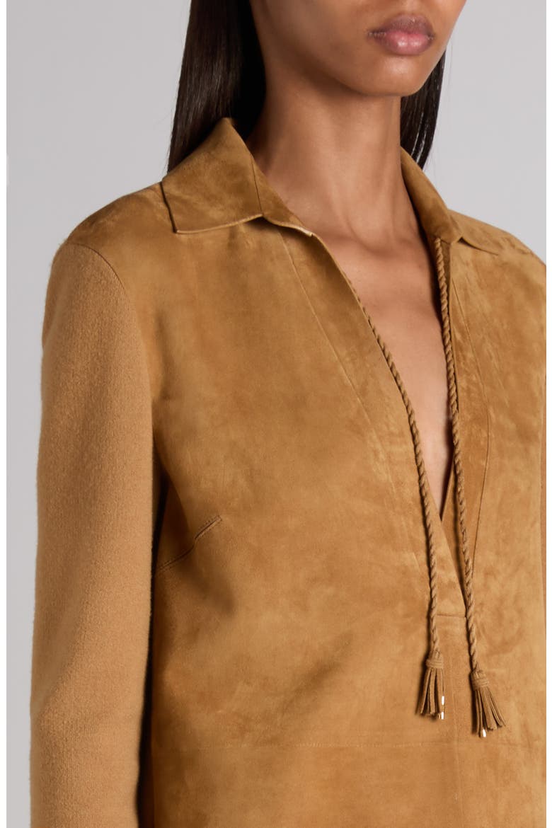 Long Sleeve Suede & Wool Blend Polo Minidress, Alternate, color, GOLDEN BROWN